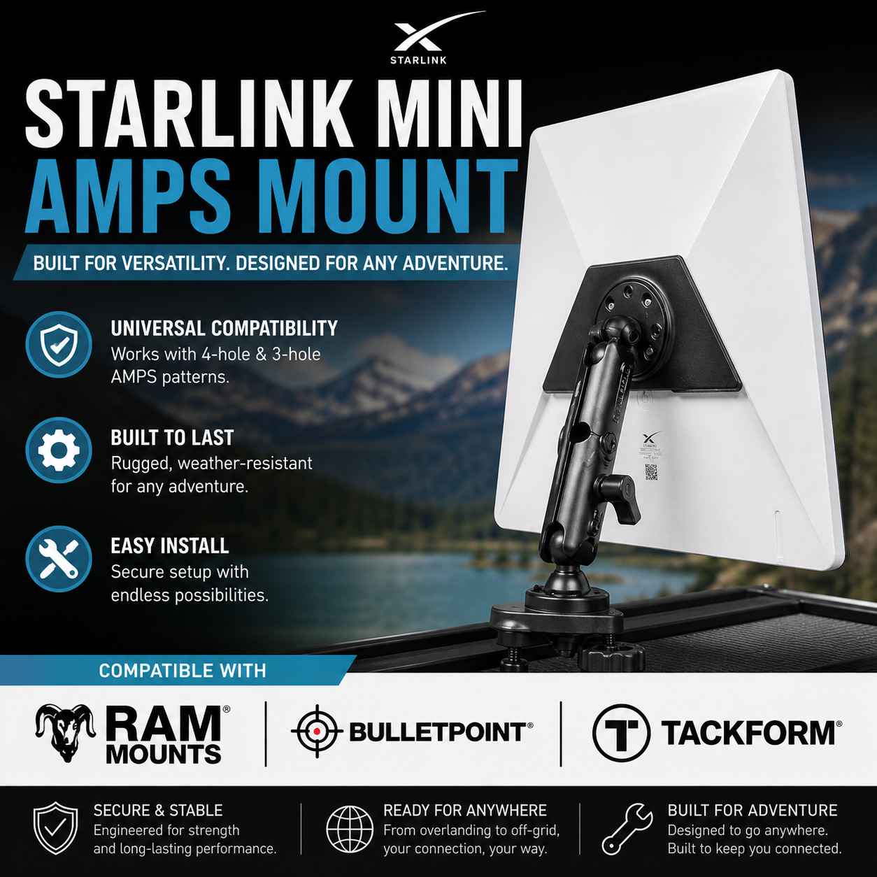 AMPS Mount Adapter for Starlink Mini - Universal Bracket for Ball Mounts, etc.