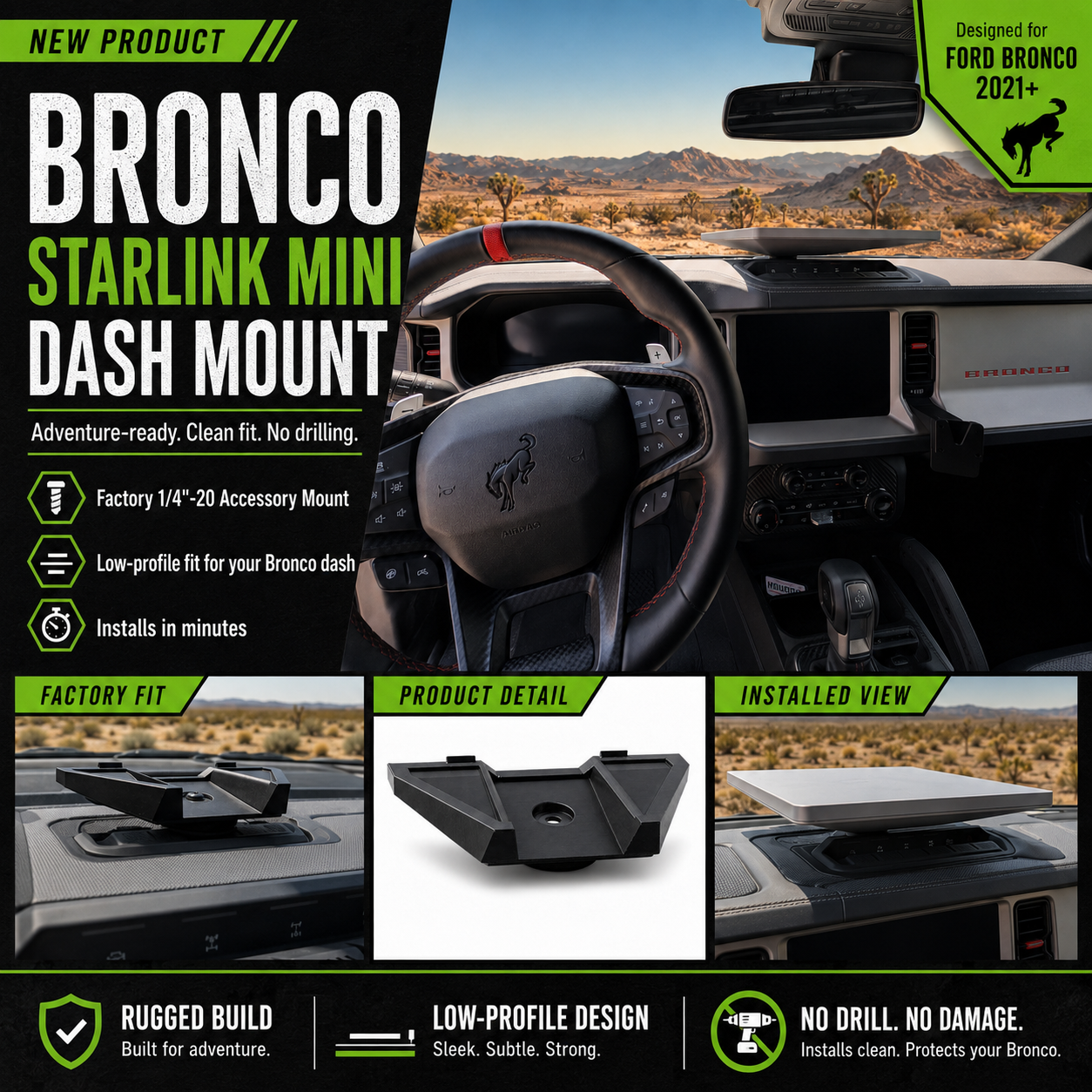 Starlink Mini Dash Mount for Ford Bronco Factory 1/4"-20 Accessory Mount