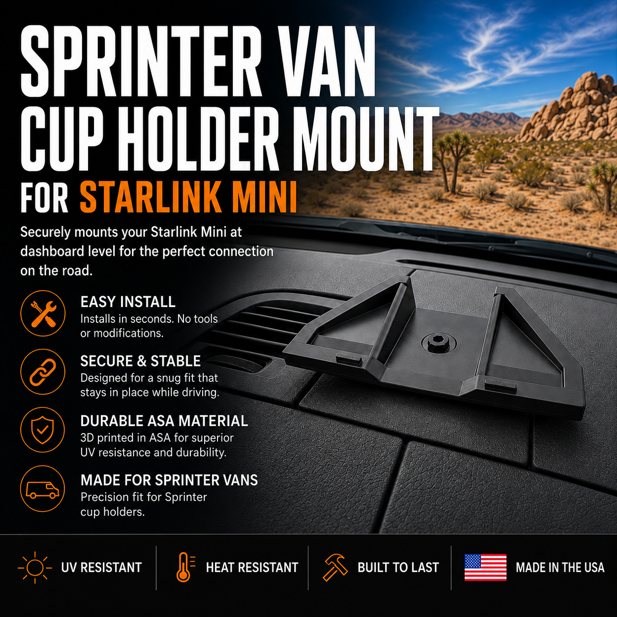 Cup Holder Dash Mount for Sprinter Van and Starlink Mini