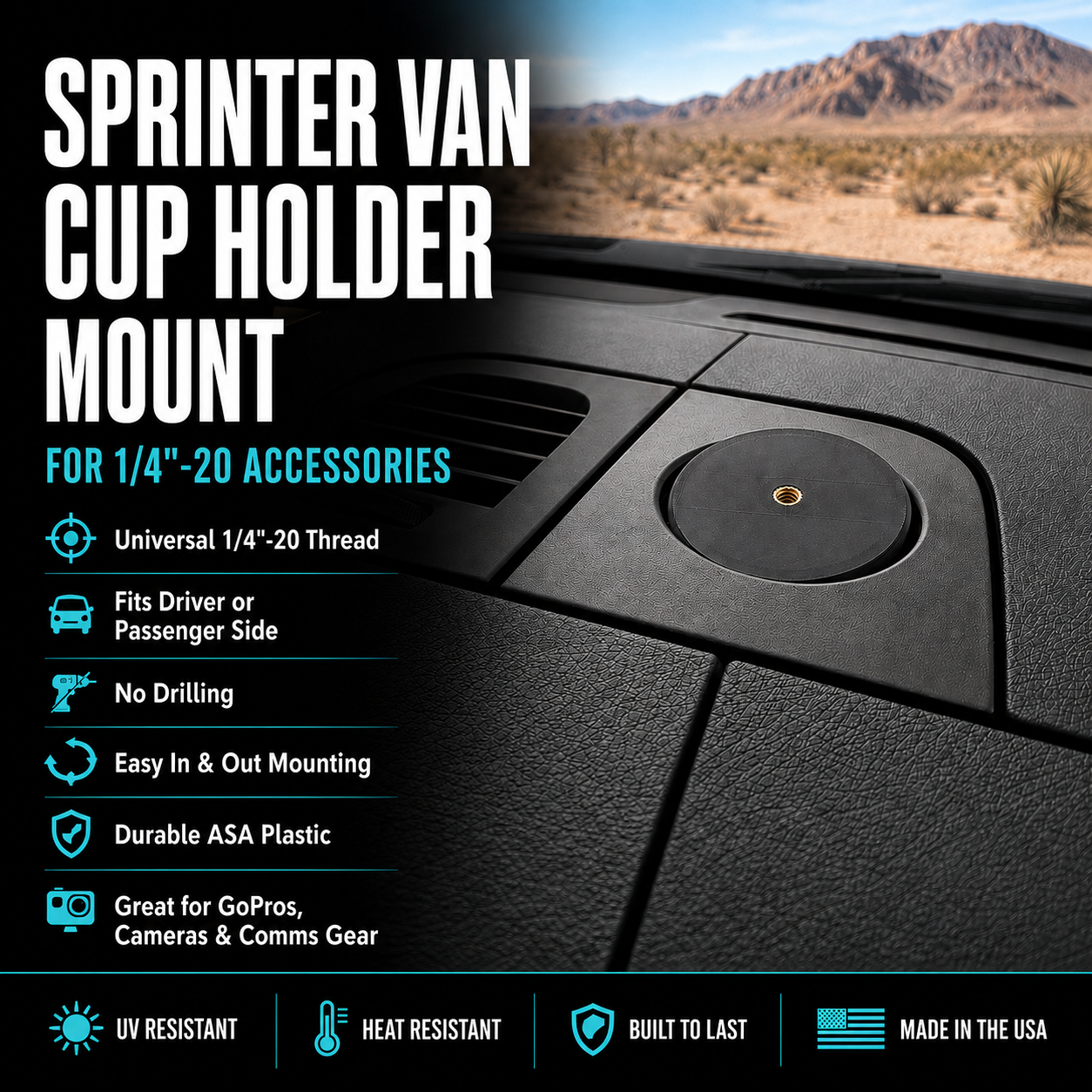 Cup Holder Dash Mount for Sprinter Van 1/4"-20 Accessories