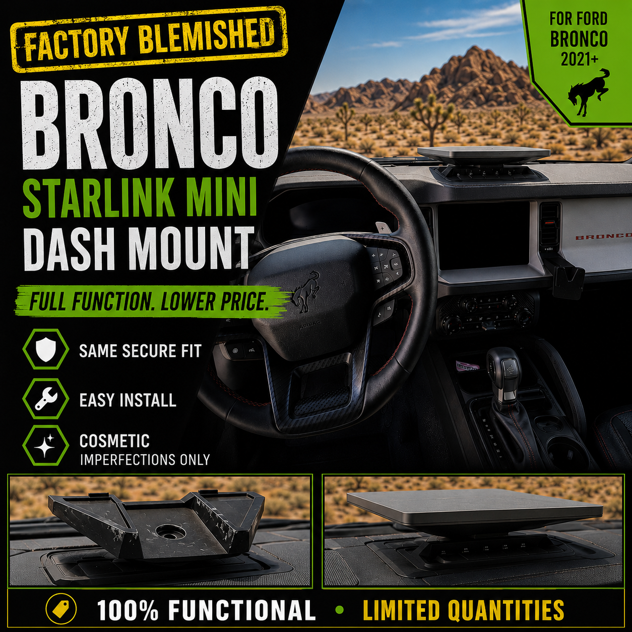 BLEM Dash Mount for Bronco & Starlink Mini - Factory 1/4"-20 Accessory Mount